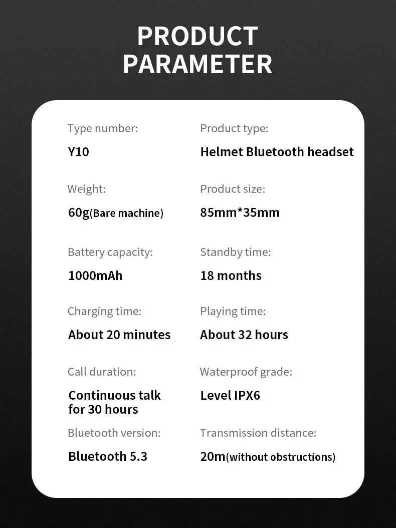 Bluetooth 5.3 Motorcycle Helmet Headset Y10 – Waterproof Hands-Free Call Music Speaker Universal Fit 2026
