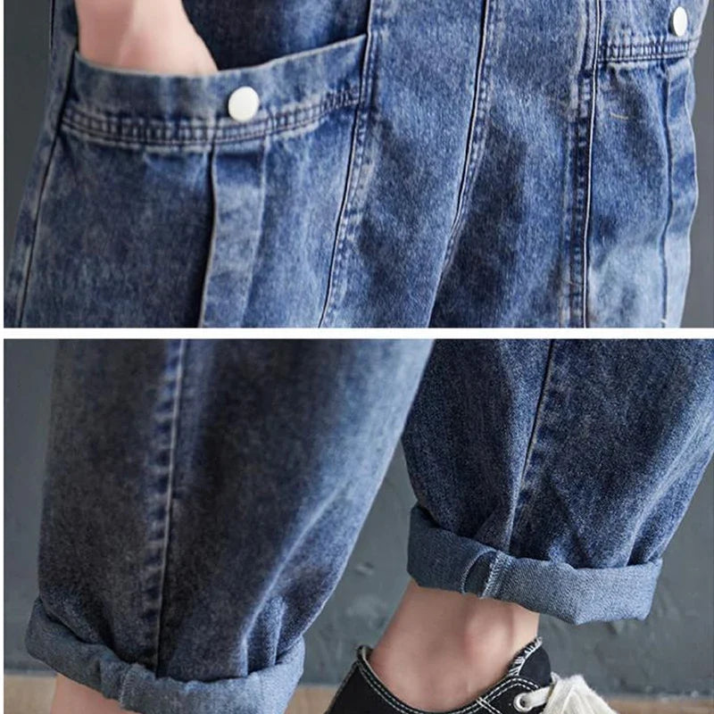 Vintage Big Pocket Suspender Jeans Trousers - Women&