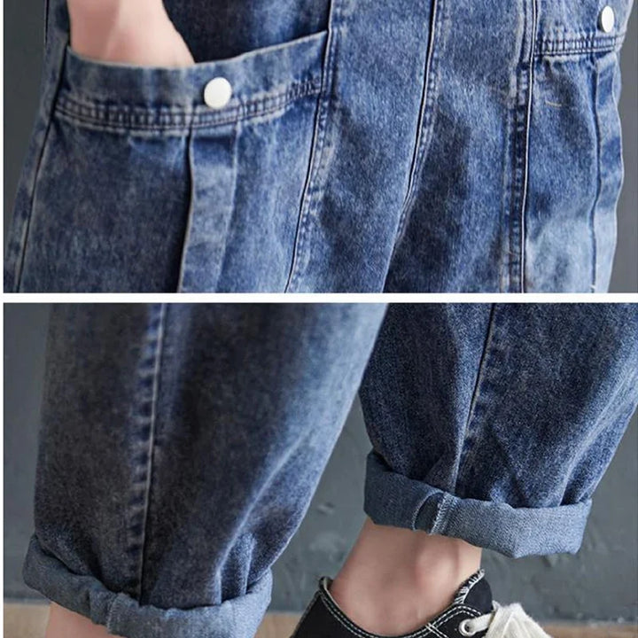 Vintage Big Pocket Suspender Jeans Trousers - Women&