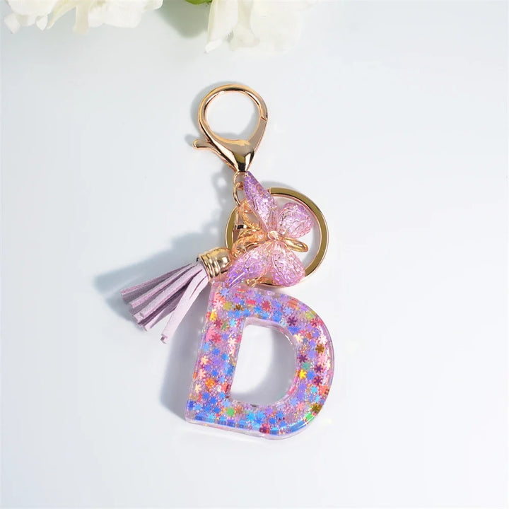 Sequin Letter Keychain With Butterfly Tassel Charm
