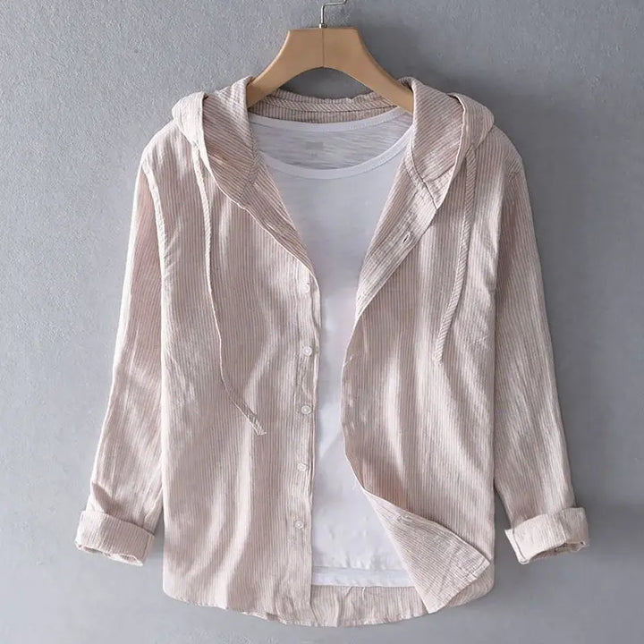 Spring Summer Solid Color Hooded Cotton Hemp Shirt Man Casual Cardigan