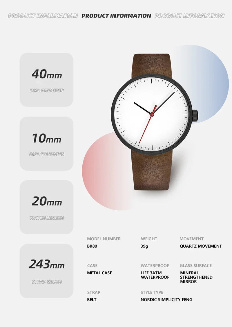 Classic unisex quartz wristwatch – leather strap, round dial, minimalist everyday timepiece