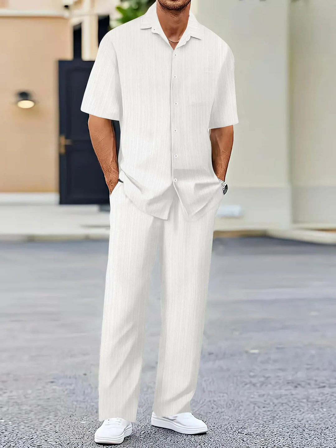 Lightweight Linen Shirt and Pants Set, Vertical Striped Design, Relaxed Fit for Casual and Semi-Formal Wear