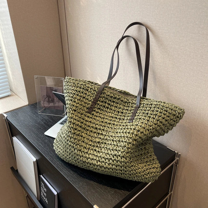 Straw Tote Bag Woven Beach Shoulder Bag Summer 2026 Large Capacity Carryall For Travel And Daily Use