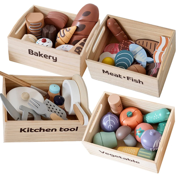 Wooden Kids Kitchen Playset with Cutting Food Accessories - Fruits, Vegetables &amp; Bakery Toys