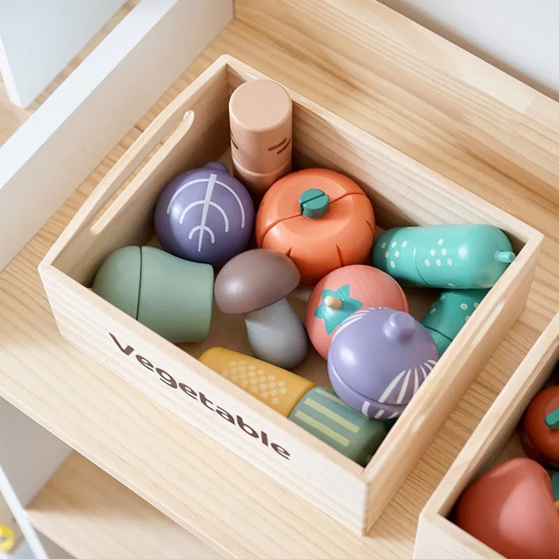 Wooden Kids Kitchen Playset with Cutting Food Accessories - Fruits, Vegetables &amp; Bakery Toys