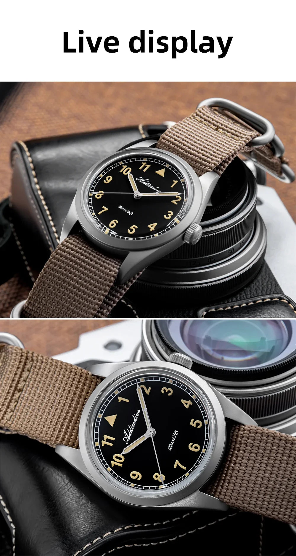 Waterproof Diver Quartz Watch Luminous Hands, Nylon Strap, 100m Water Resistance