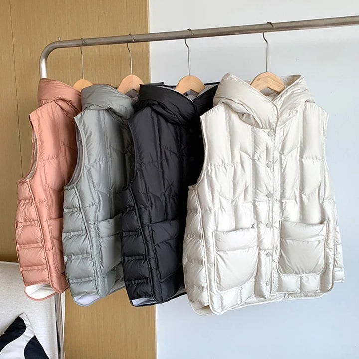 Lightweight Women Hooded Down Vest - Boxy, Down, Autumn