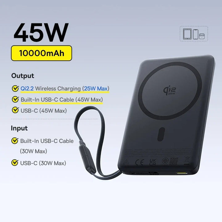 Qi2 Magnetic Power Bank 10000mAh – 15W Wireless &amp; 22.5W USB-C Charging for iPhone &amp; Samsung 2026