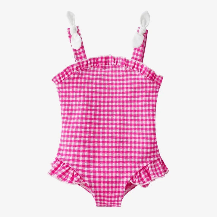 Quick-Dry Unisex Kids Swimsuit - One-Piece Gingham Plaid, Polyester, For Summer Vacation