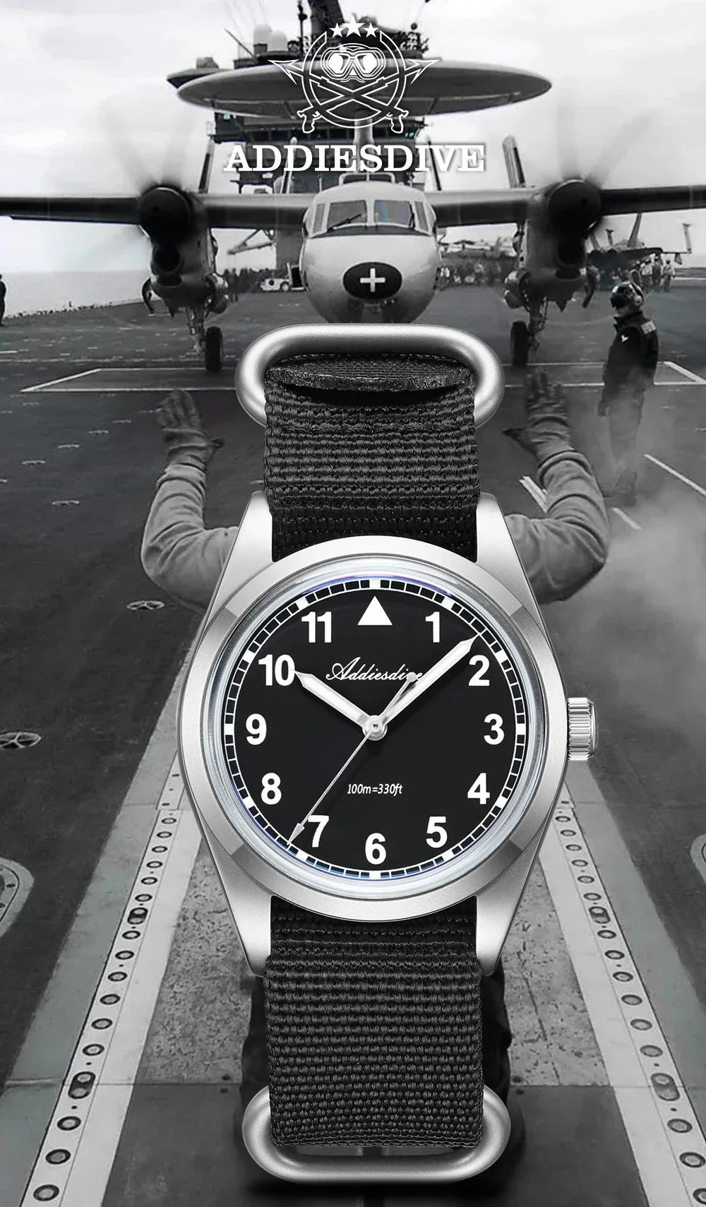 Waterproof Diver Quartz Watch Luminous Hands, Nylon Strap, 100m Water Resistance