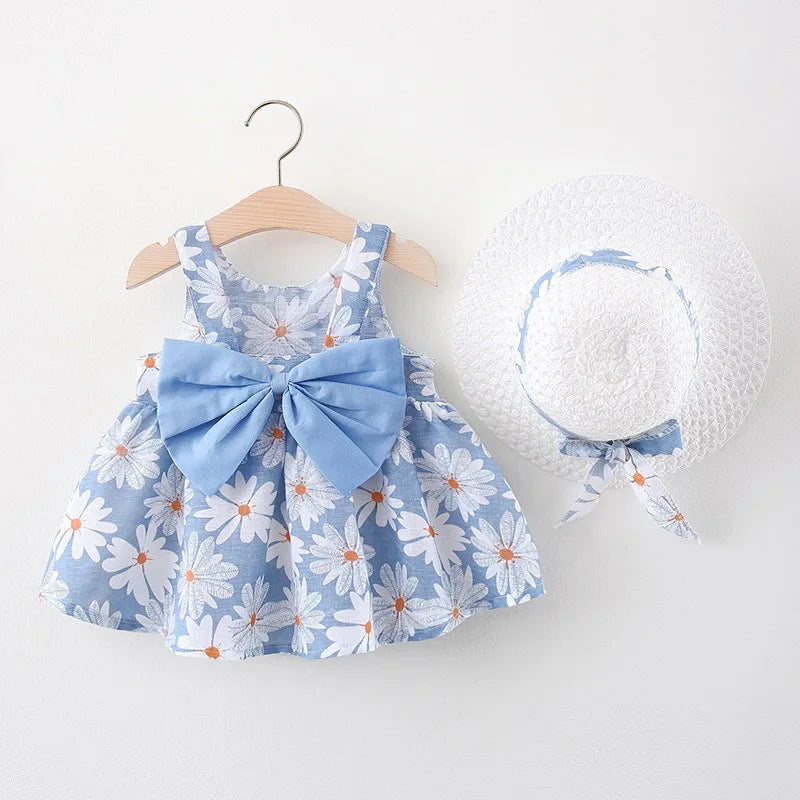 Soft baby girls dress - sleeveless, floral bow-embellished, cotton-polyester blend, for summer outings