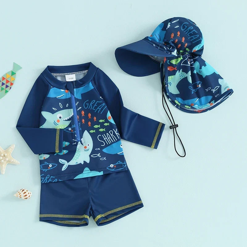 Quick-dry baby boys rash guard swimsuit set - long sleeve zip-up, fish print, polyester, summer beachwear