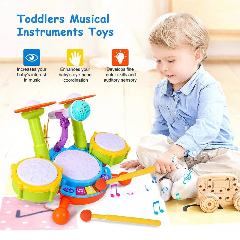 Kids Drum Set for Toddlers 1-3 with Microphone, Musical Educational Instrument Toys for Girls, Learning Activity Gifts