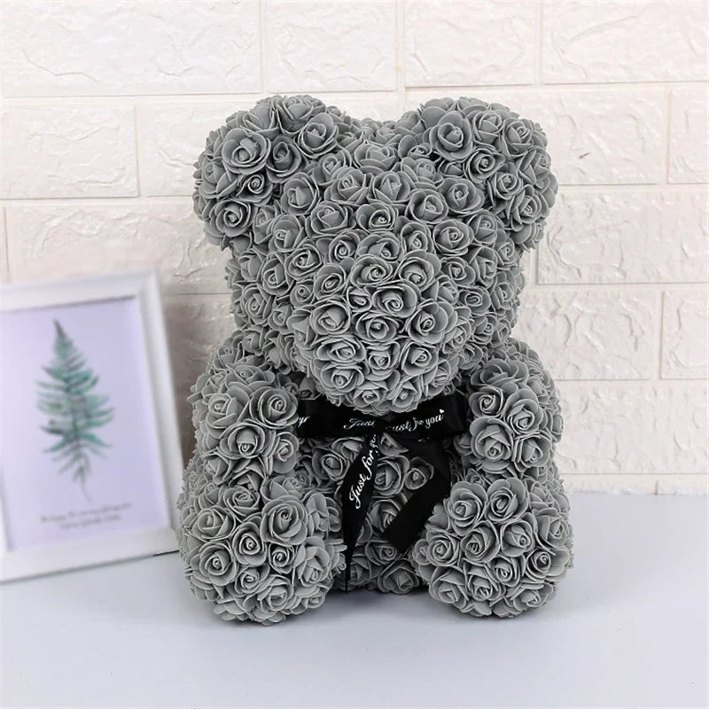 Faux Rose Teddy Bear with Gift Box and Lights - Romantic Anniversary or Valentine&