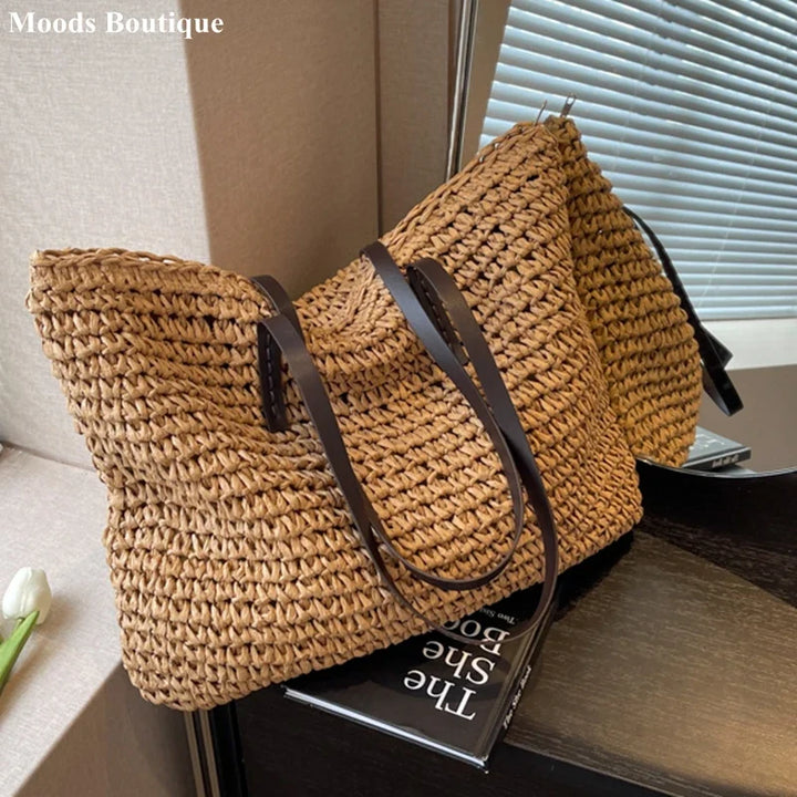 Straw Tote Bag Woven Beach Shoulder Bag Summer 2026 Large Capacity Carryall For Travel And Daily Use