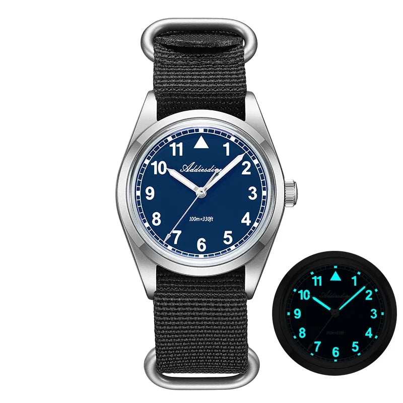 Waterproof Diver Quartz Watch Luminous Hands, Nylon Strap, 100m Water Resistance