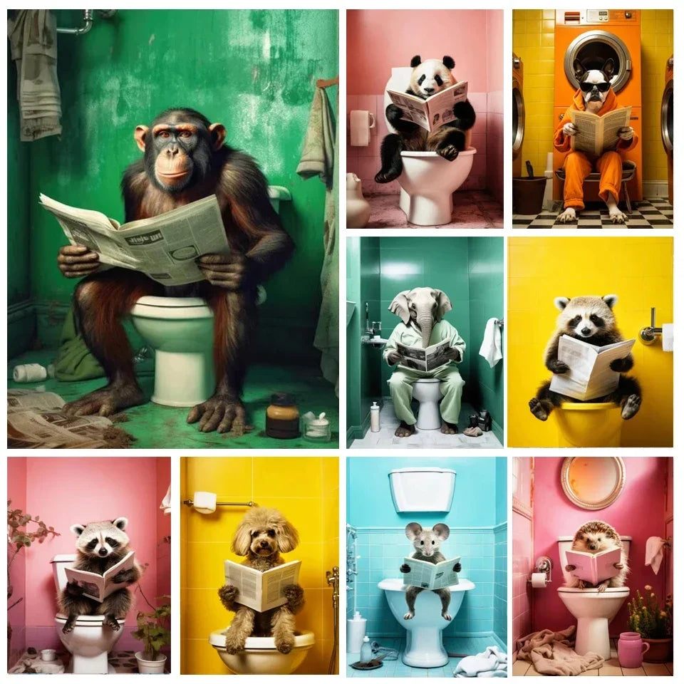 Animal Monkey Panda Toilet  Painting Art DIY Embroidery