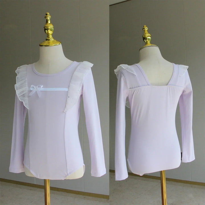 Lightweight girls ballet leotard set - puff-sleeve top, tulle tutu skirt, polyester, for dance class