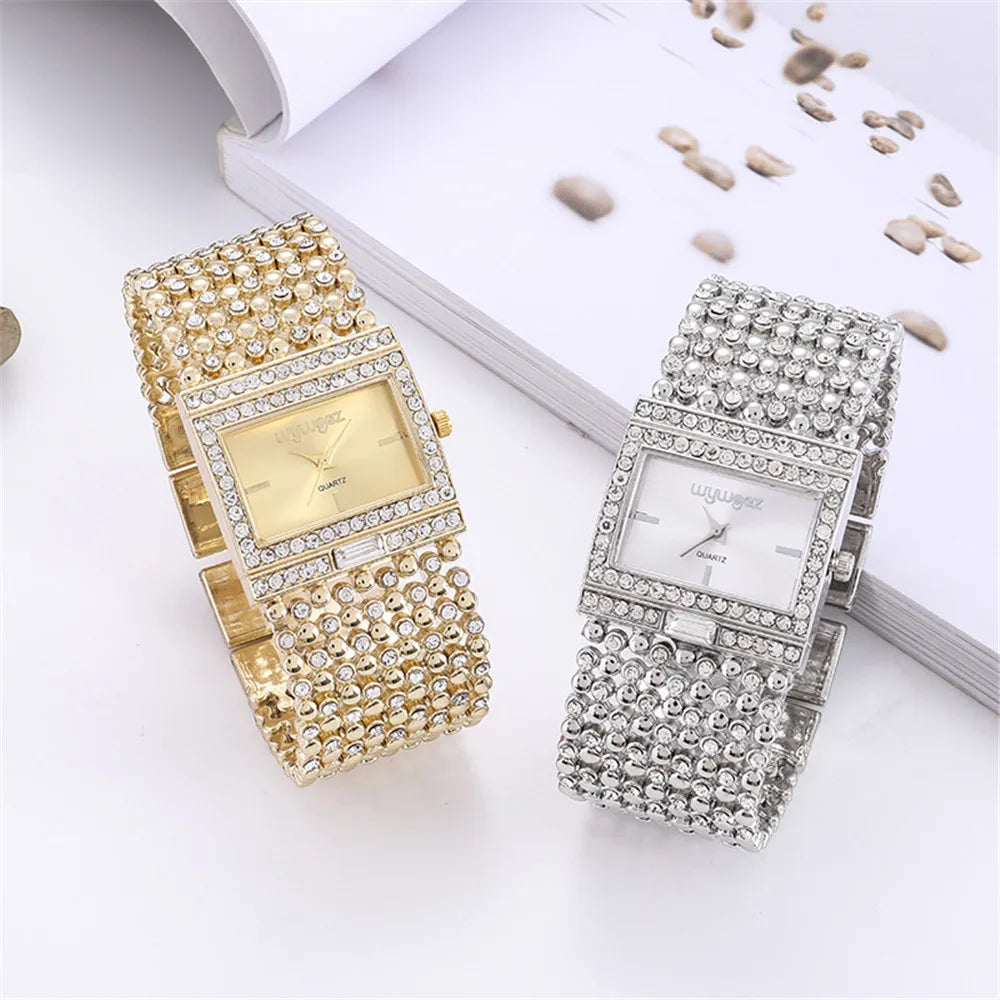 Gold Watch – Diamond Set Square Dial Ladies Quartz Wristwatch, Crystal Band, Fall 2026 Gift Idea