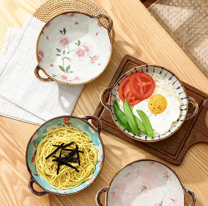 Ceramic 7.5 Inch Noodle Bowl With Handles Floral Porcelain