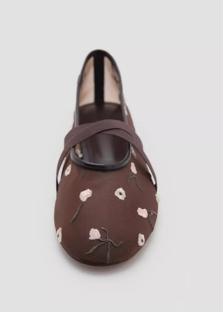 Lightweight Women Ballet Flats - Mary Jane, Embroidered Mesh