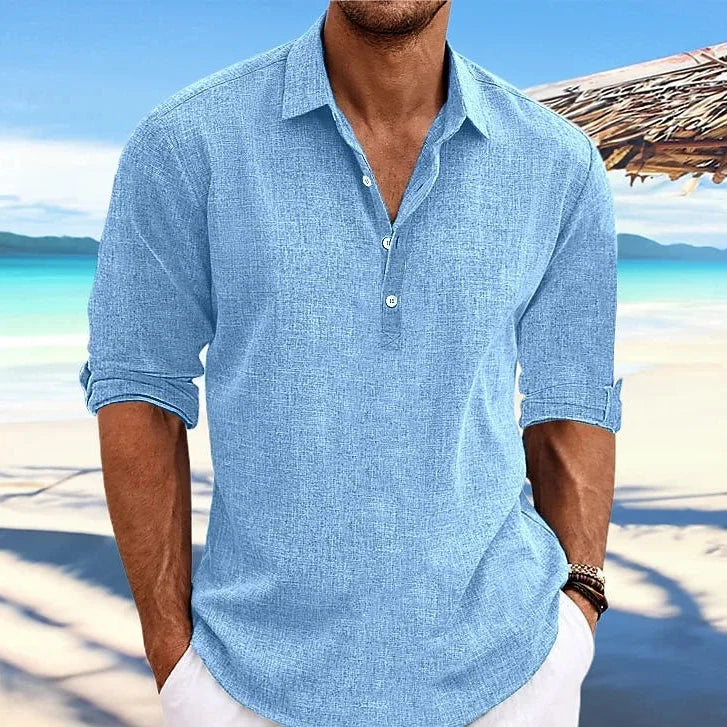 Cotton Linen Long Sleeve Casual Beach Shirt - Turn-Down Collar Social Blouse for Streetwear