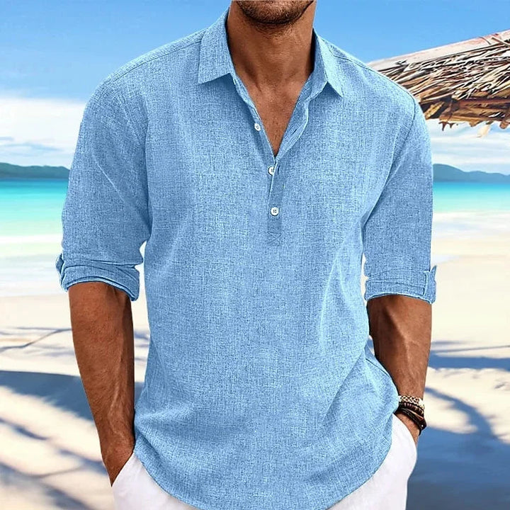 Cotton Linen Long Sleeve Casual Beach Shirt - Turn-Down Collar Social Blouse for Streetwear
