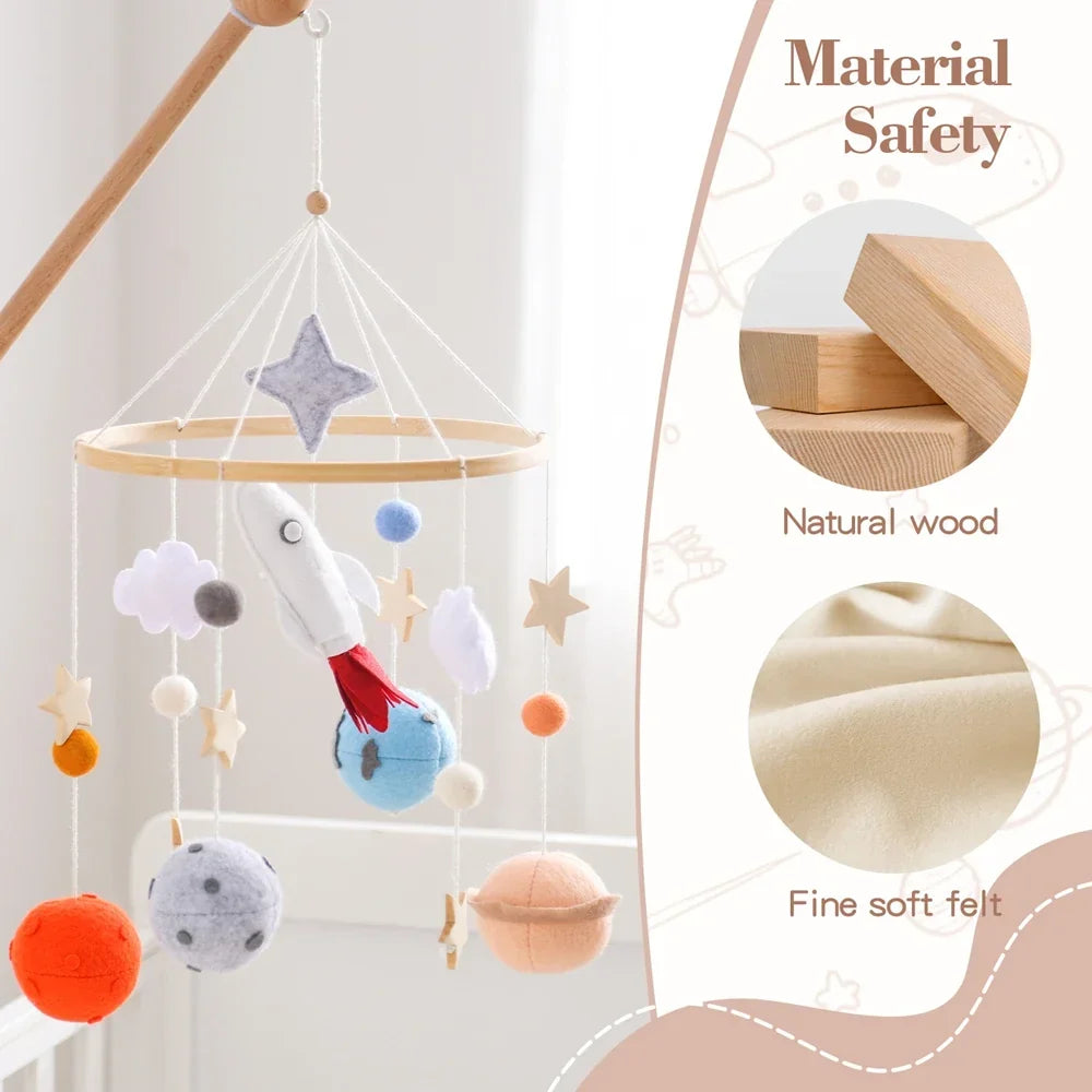 Wooden Rocket Crib Mobile Newborn Sensory Toys Soothing