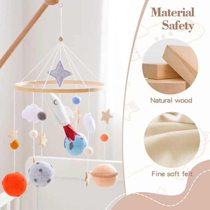 Wooden Rocket Crib Mobile Newborn Sensory Toys Soothing
