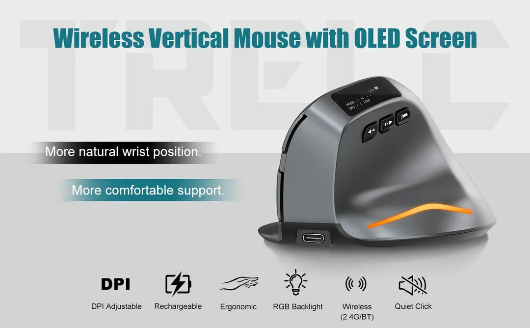 Bluetooth Vertical Ergonomic Mouse With OLED Screen