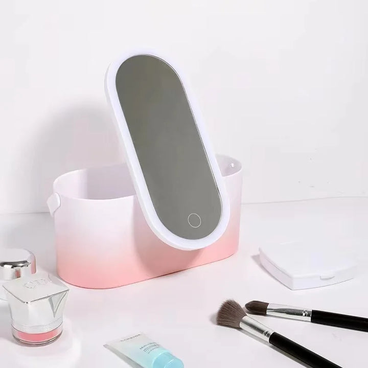 Makeup Organizer Box with LED Light Mirror - Portable Travel Makeup Case for Cosmetics Storage