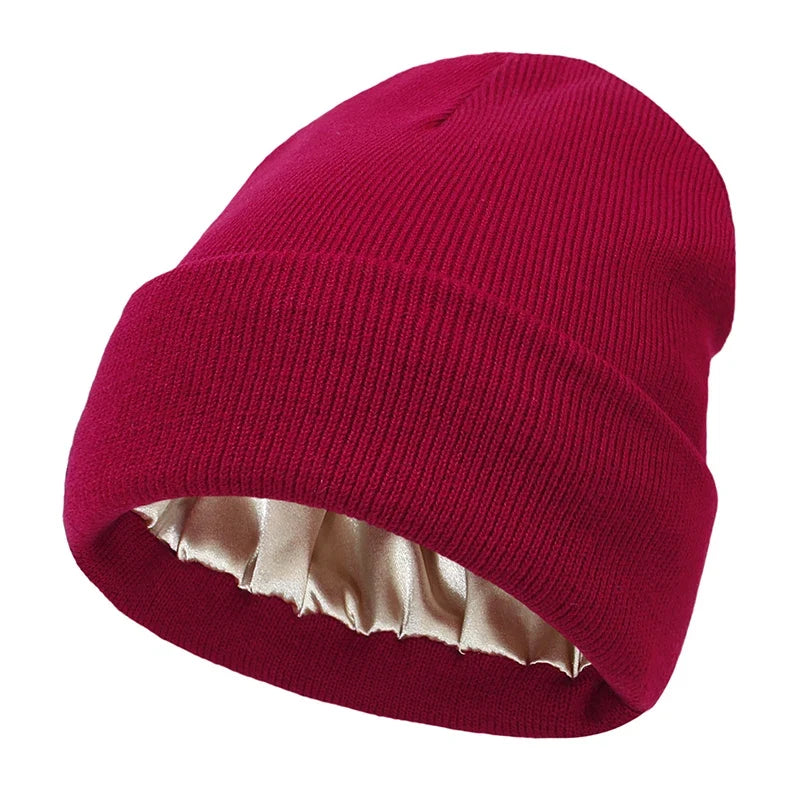 Winter Knit Beanies Womens Satin Lined Beanie Cap - Thick Chunky Soft Skull Hat for Winter