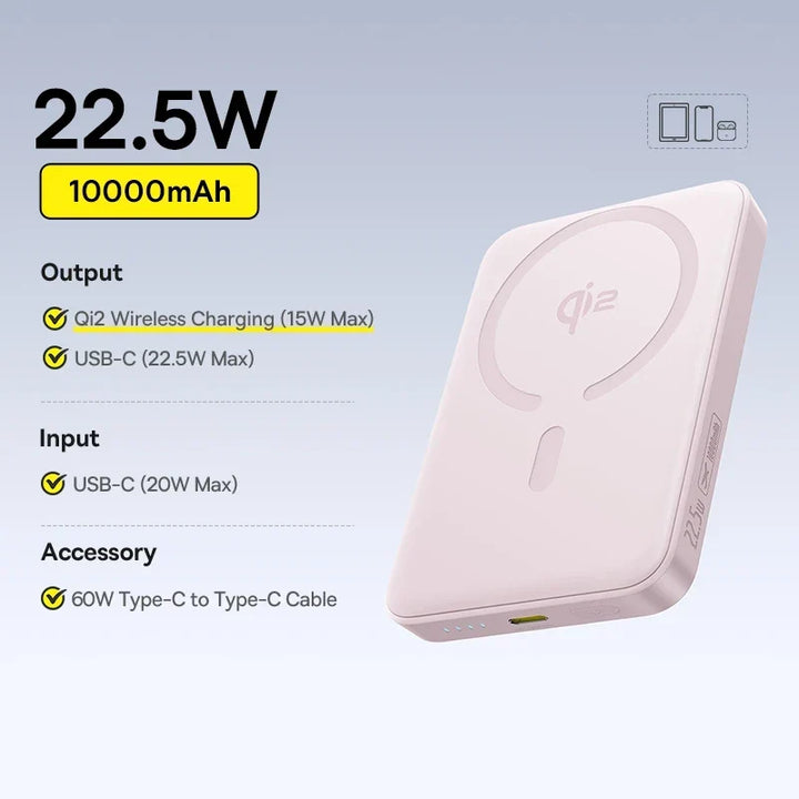 Qi2 Magnetic Power Bank 10000mAh – 15W Wireless &amp; 22.5W USB-C Charging for iPhone &amp; Samsung 2026
