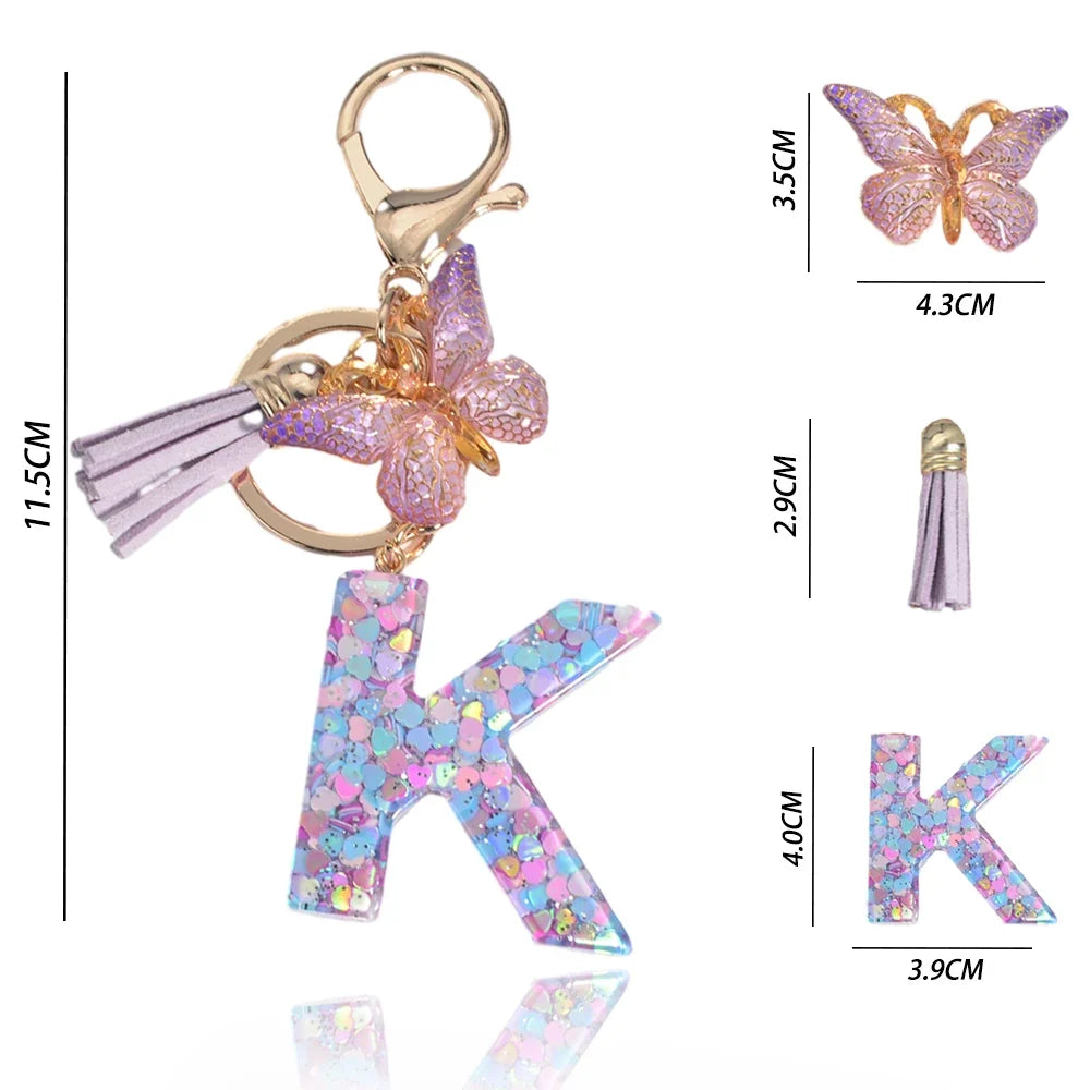 Sequin Letter Keychain With Butterfly Tassel Charm