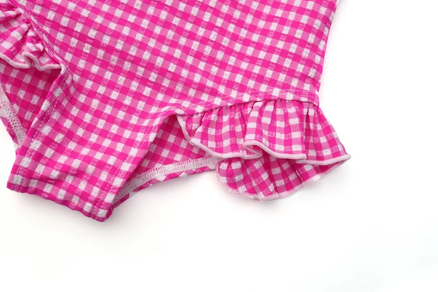 Quick-Dry Unisex Kids Swimsuit - One-Piece Gingham Plaid, Polyester, For Summer Vacation