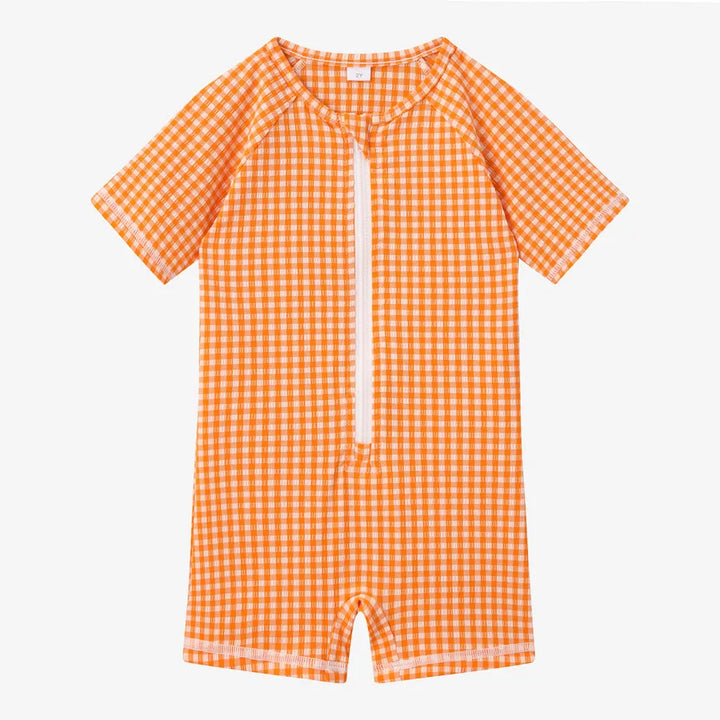 Quick-Dry Unisex Kids Swimsuit - One-Piece Gingham Plaid, Polyester, For Summer Vacation
