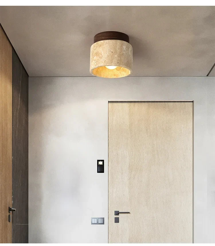 Japandi Travertine Ceiling Light Wood Cap Round Mid Century Lamp