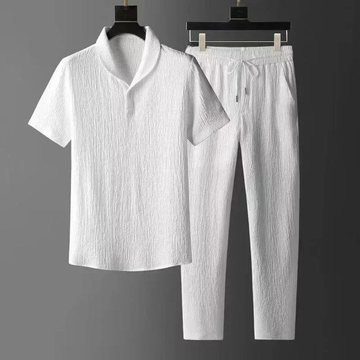 Summer Ultra-thin Ice Silk Linen Suit Men’s Loose-fit T-shirt 2-piece Sports Wear