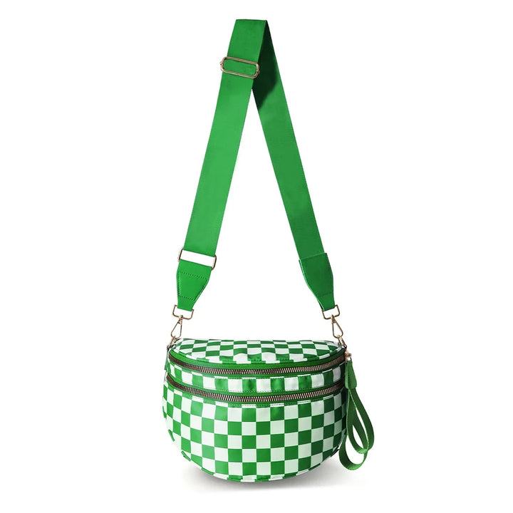 Versatile unisex crossbody bum bag – checkered nylon, box shape, travel and daily use