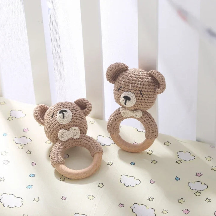 Crochet Bear Teether Rattle Ring Newborn Sensory Toys