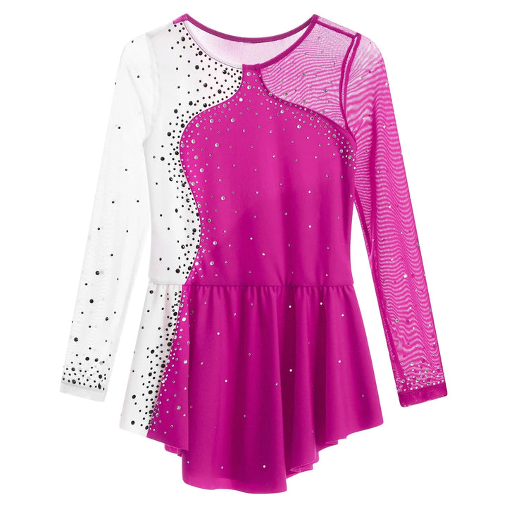 Stretchy girls figure skating dress – long sleeve rhinestone accents, jersey, dance performance costume