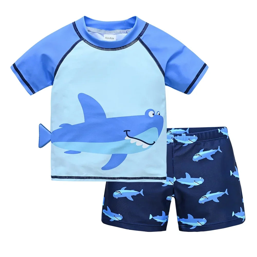 Quick-Dry Boys Swimwear - Two-Piece Cartoon Print Set, Polyester/Nylon/Spandex, Summer Beachwear