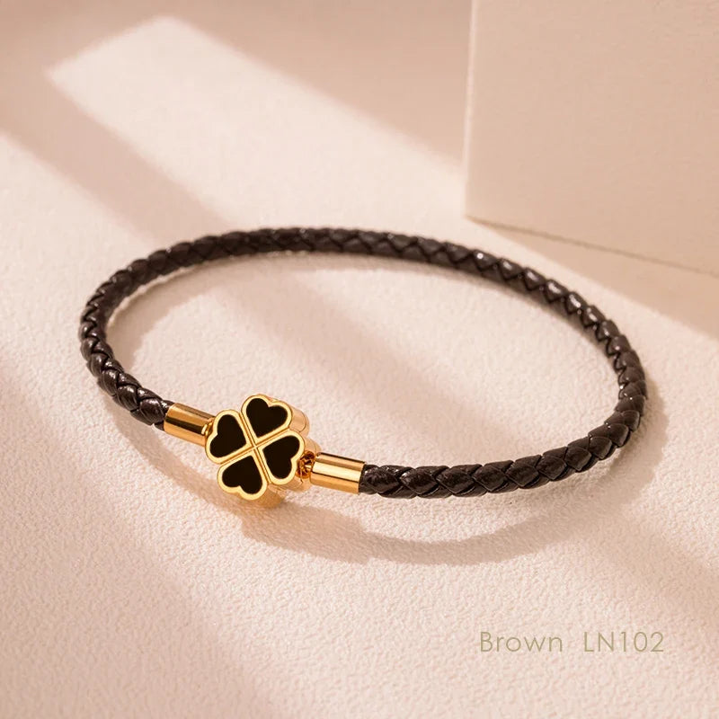 Four Leaf Clover Braided Leather Lucky Bracelet Gift