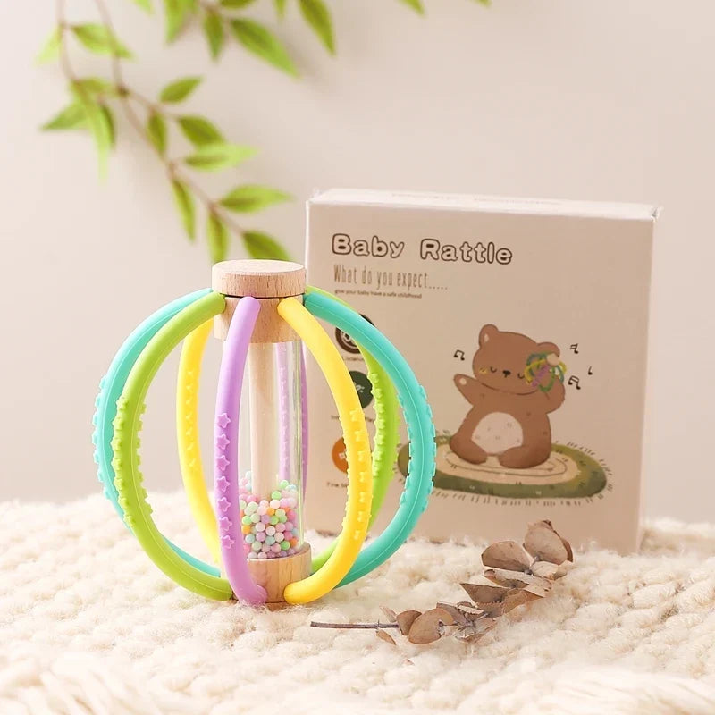 Baby Rattle Silicone Teether Wooden Newborn Sensory Toys
