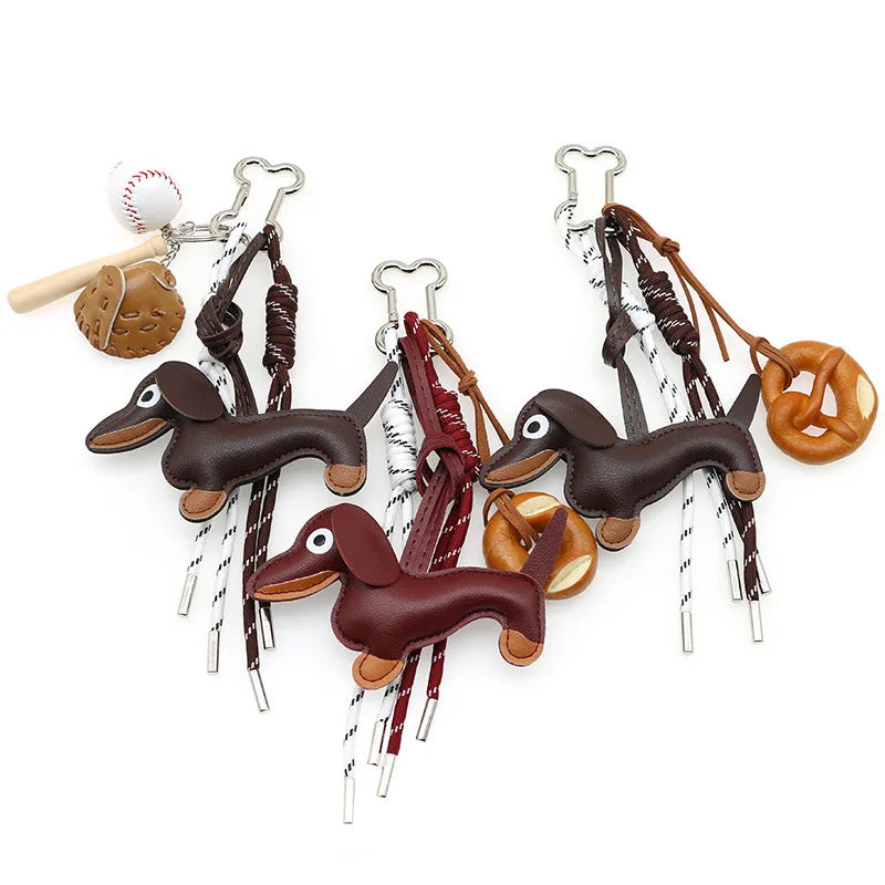 Dachshund Pu Leather Bag Charm Baseball Keychain Gift