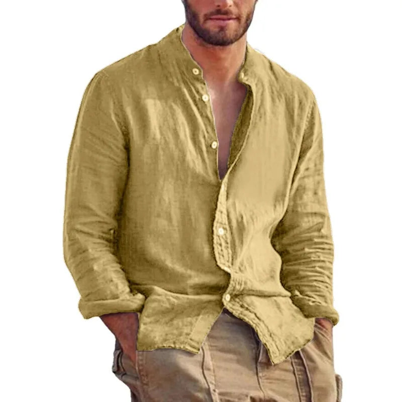 Men’s Cotton Shirt with Mandarin Collar, Lightweight Breathable Casual Summer Shirt in Tailored Fit