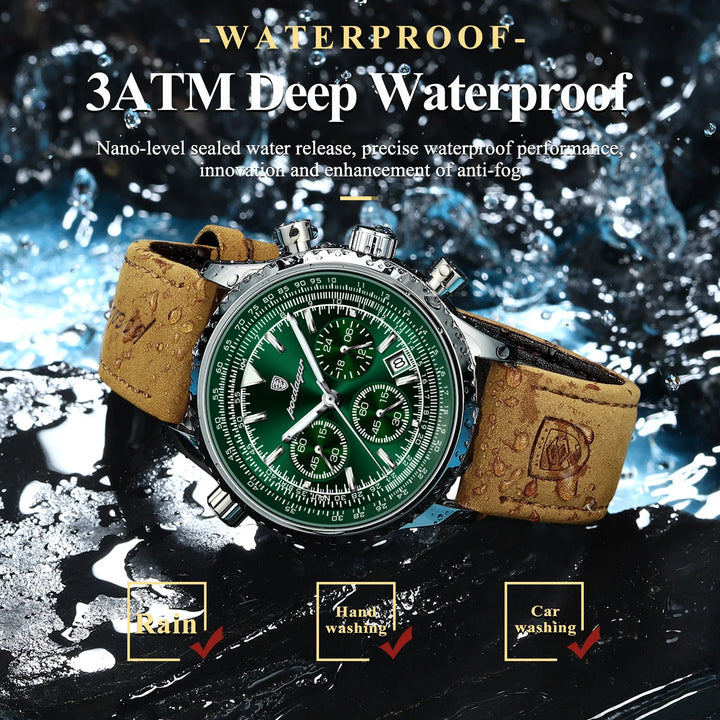 Quartz Chronograph Watch Waterproof Luminous Date Leather