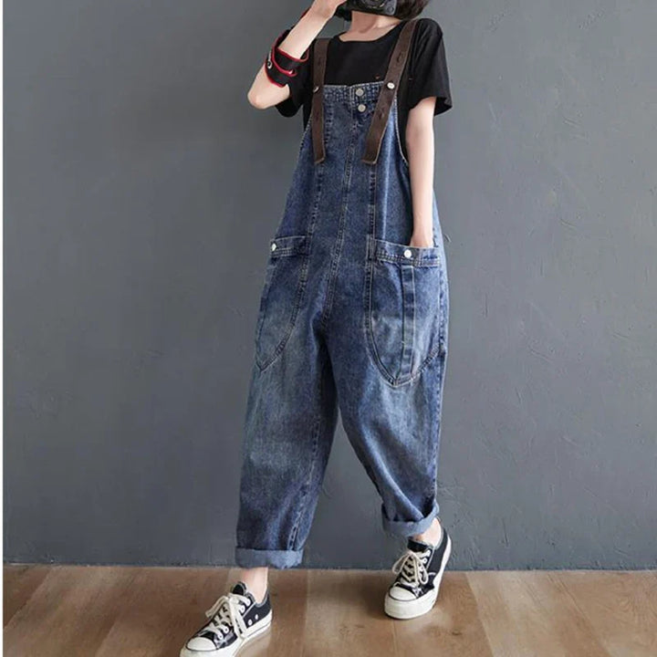 Vintage Big Pocket Suspender Jeans Trousers - Women&