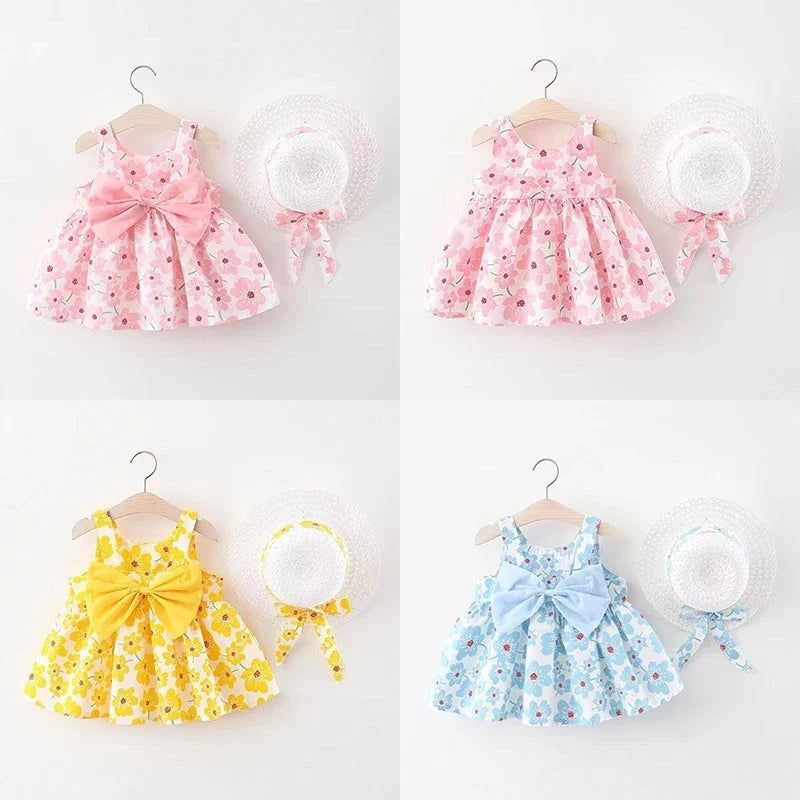 Soft baby girls dress - sleeveless, floral bow-embellished, cotton-polyester blend, for summer outings